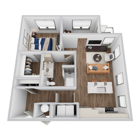 A 3D rendering of A6 floor plan at Era apartments in Denton, TX
